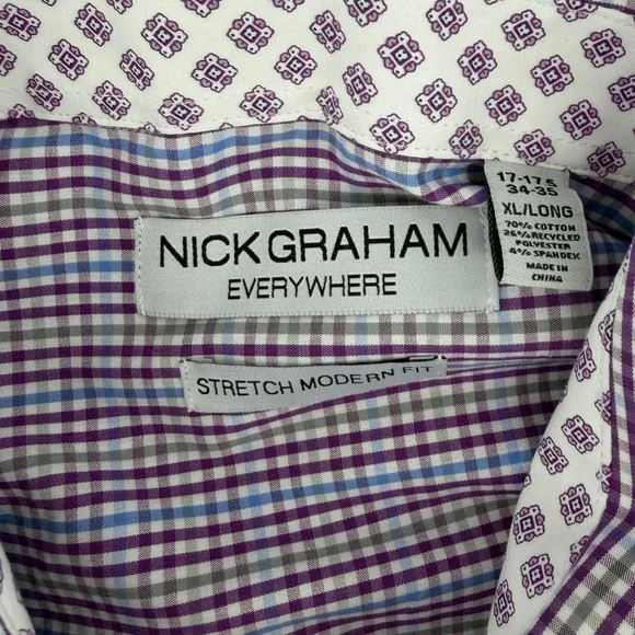 Nick Graham Everywhere Modern Fit Men's Purple Gingham Dress Shirt & Tie X-Large - Picture 4 of 9